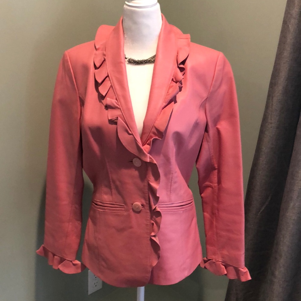 Terry Lewis Pink Ruffle Collar Leather Jacket